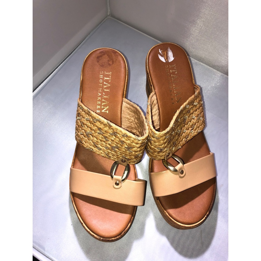Italian Shoemakers Tan Woven Cork Wedge Platform Sandals Made in Italy Size 9.5